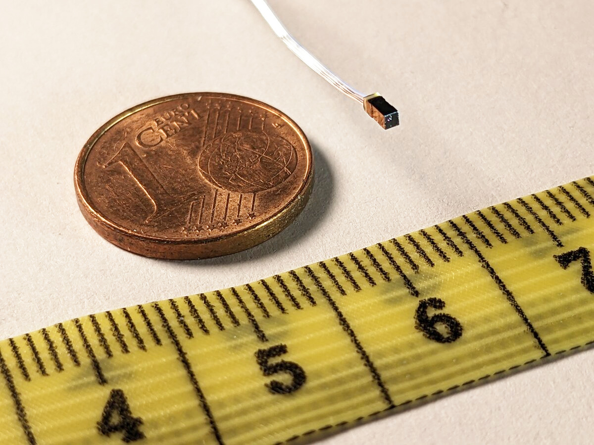NanEye Kamera auf 1-Cent-Münze - zeigt die winzige Größe der Kamera